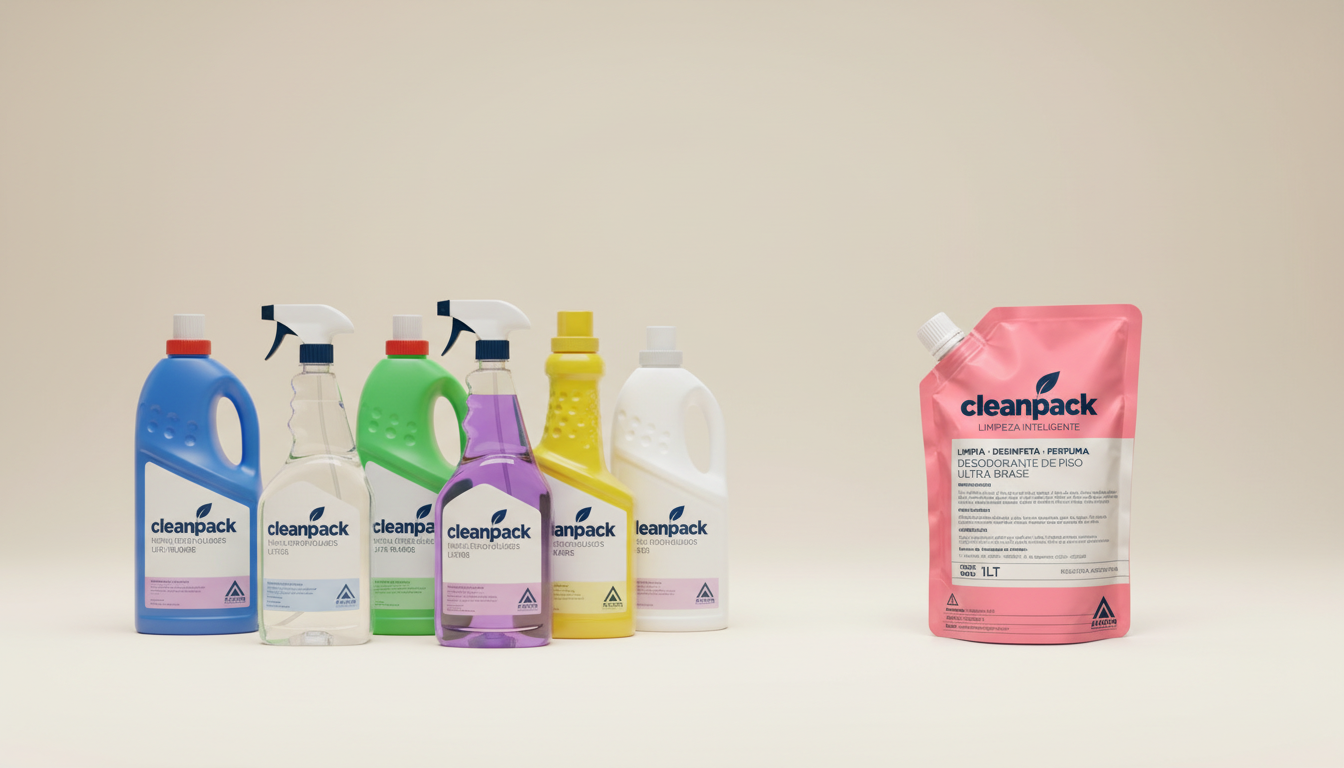 Comparaci&oacute;n entre varias botellas grandes de limpiador y un &uacute;nico doypack de CleanPack