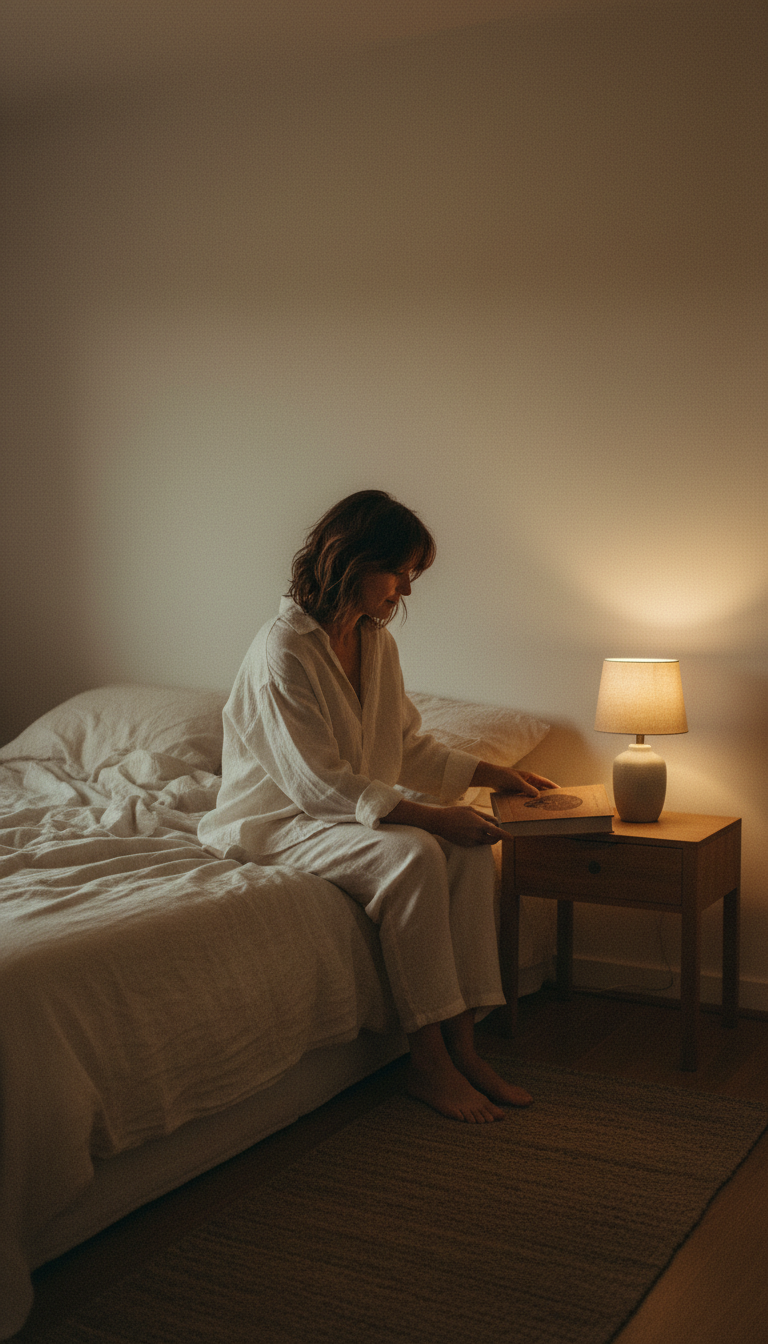 A woman setting her book down on the nightstand under one warm bedside lamp