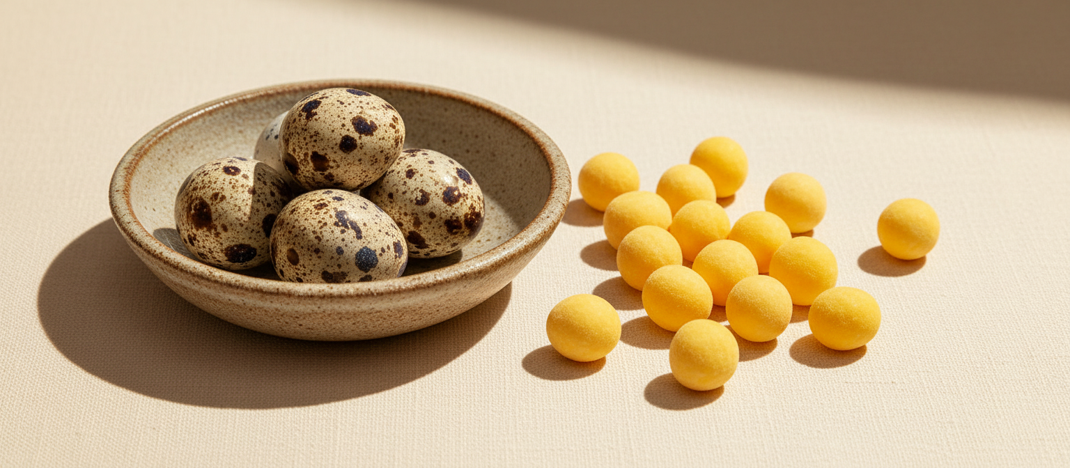 Whole speckled quail eggs in a stoneware dish beside freeze-dried quail eggs on a cream surface
