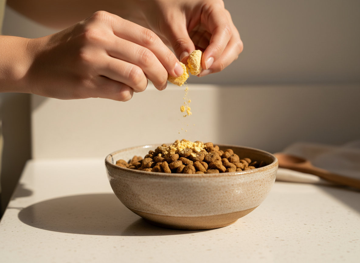 Hands crumbling a quail egg yolk over a bowl of dog food