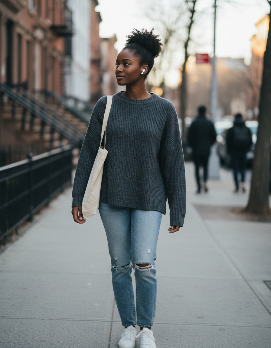 Young woman walking through the city wearing her AirPods 3