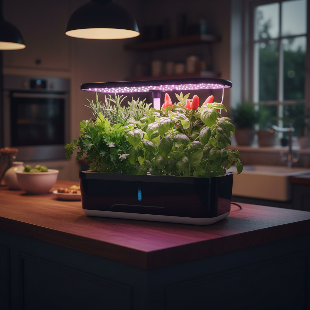 Growbox met LED-groeilicht en volle bladgroenten in de avondkeuken
