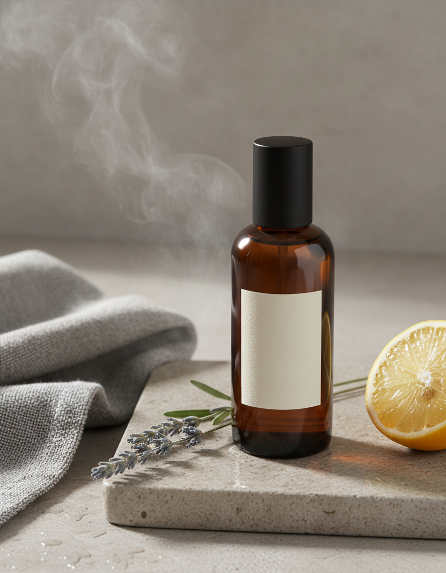 The Sanctuary — dark amber glass fragrance bottle on wet limestone with lavender and folded linen