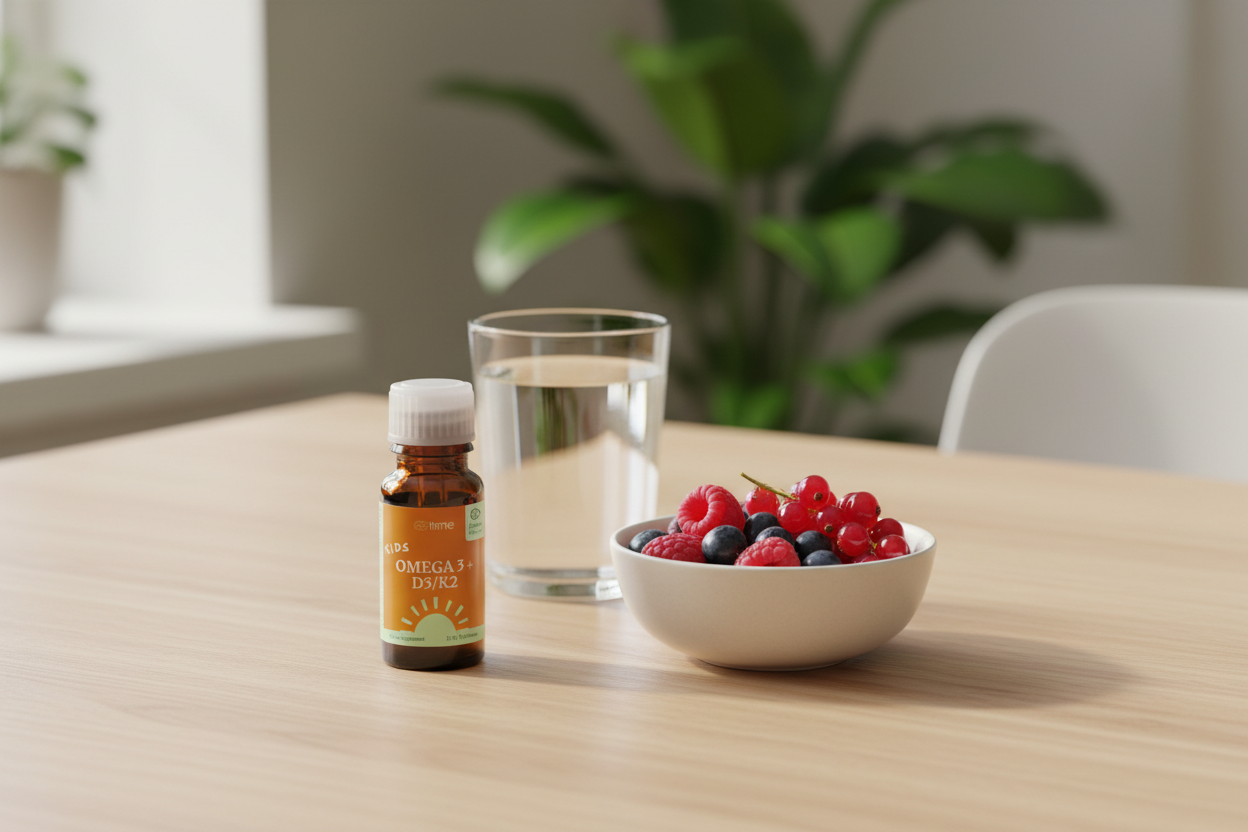 Kids Omega 3 + D3/K2 drops bottle on a breakfast table in morning light