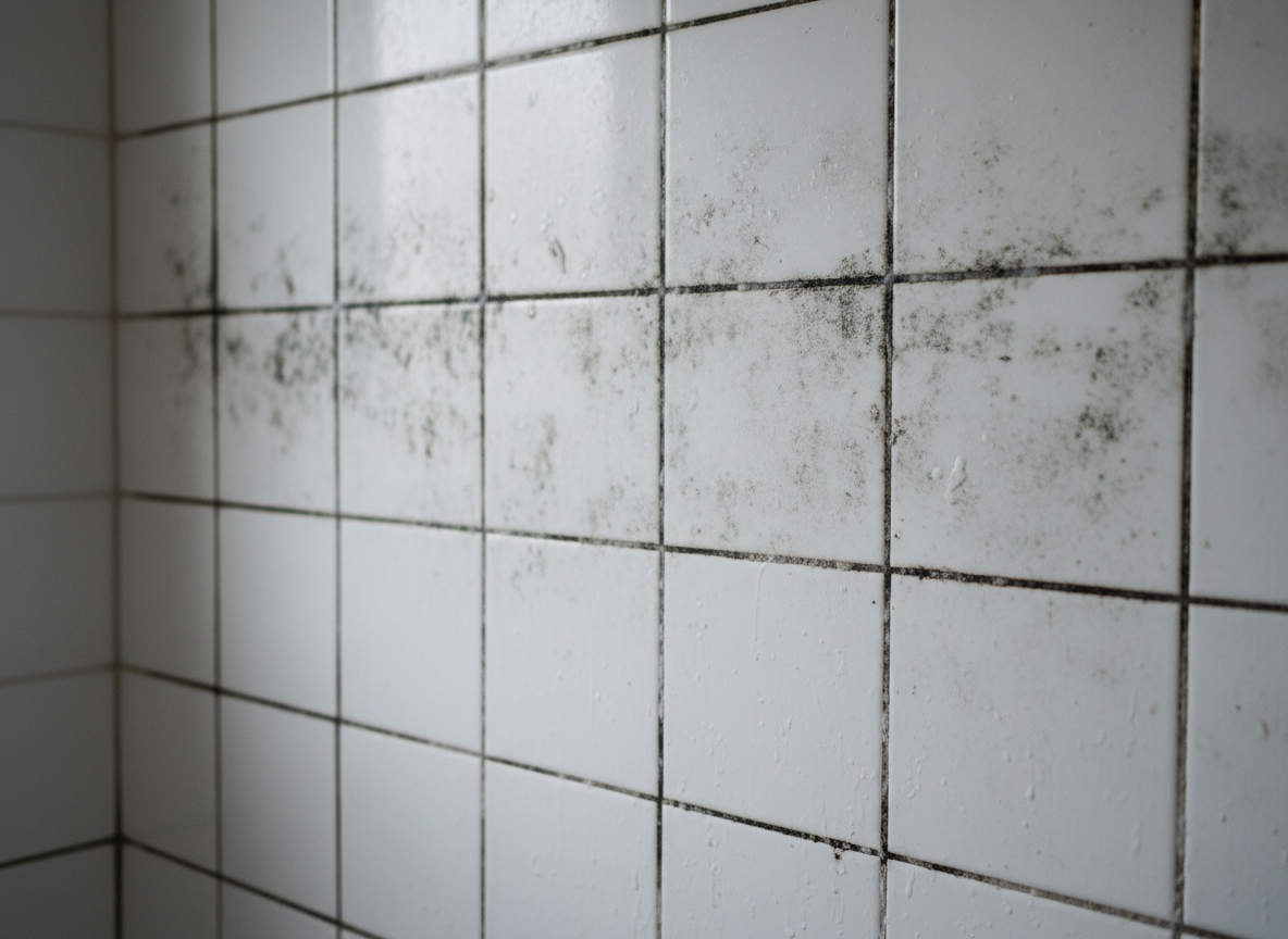 Joints de carrelage de douche noircis par les moisissures avant nettoyage