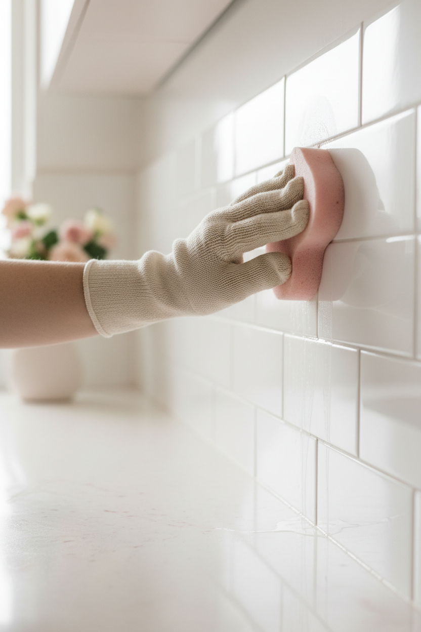 Mano pasando una esponja por azulejos blancos y una mesada clara