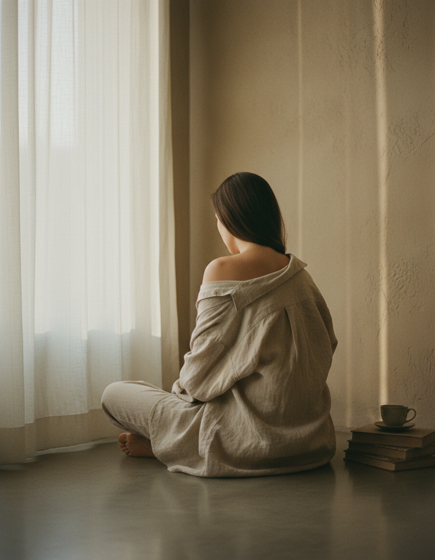 A person sitting on the floor by a window in an oatmeal linen shirt, shoulders relaxed