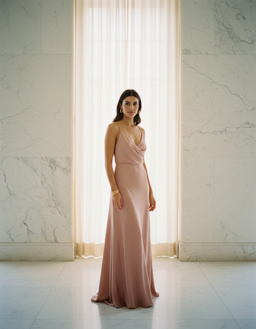Woman in blush silk standing in a sunlit marble room
