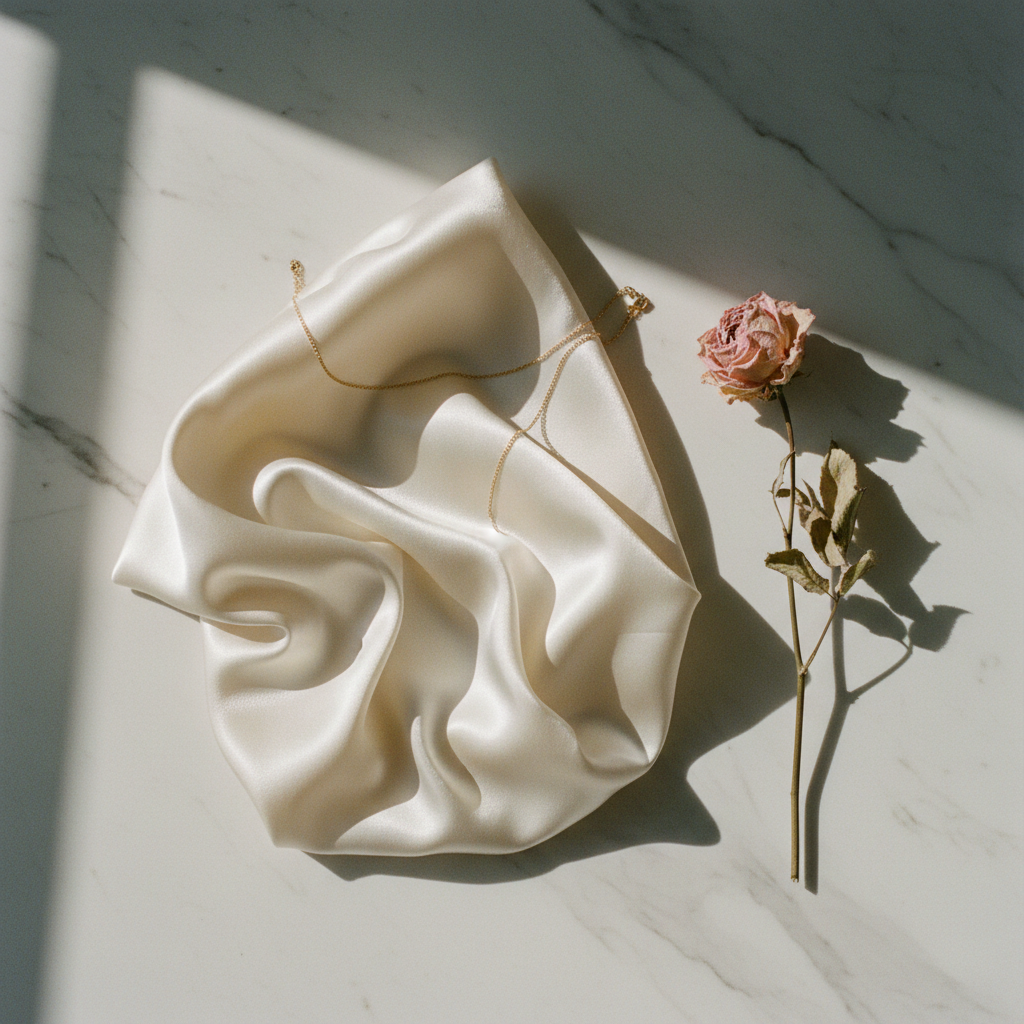 Ivory satin fabric, a fine gold chain and a dried rose on cream marble