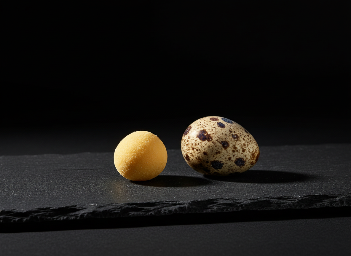 A freeze-dried quail egg beside a whole speckled quail egg on dark slate