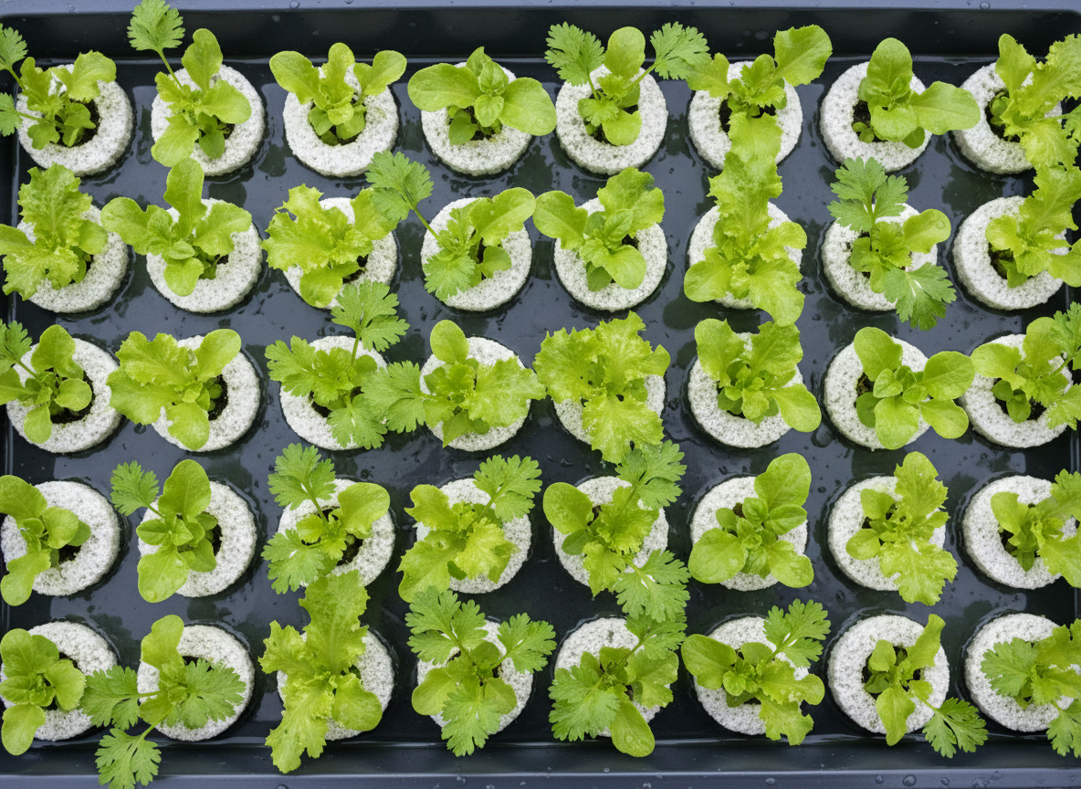 Verse zaailingen groeien in de pods van de Growbox
