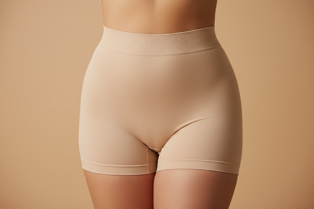 Smooth nude seamless shaping shorts on a warm sand backdrop