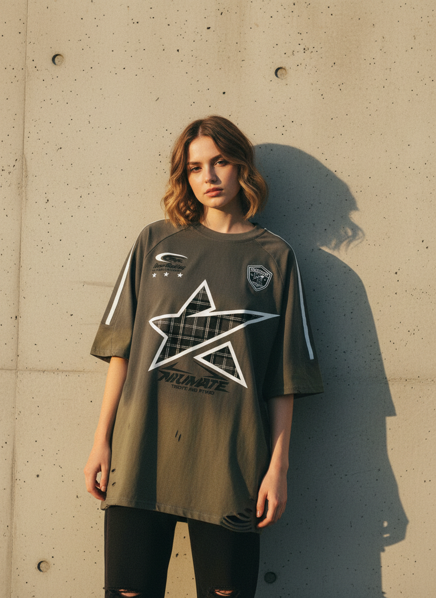 Jeune femme en t-shirt oversize imprimé adossée à un mur en béton