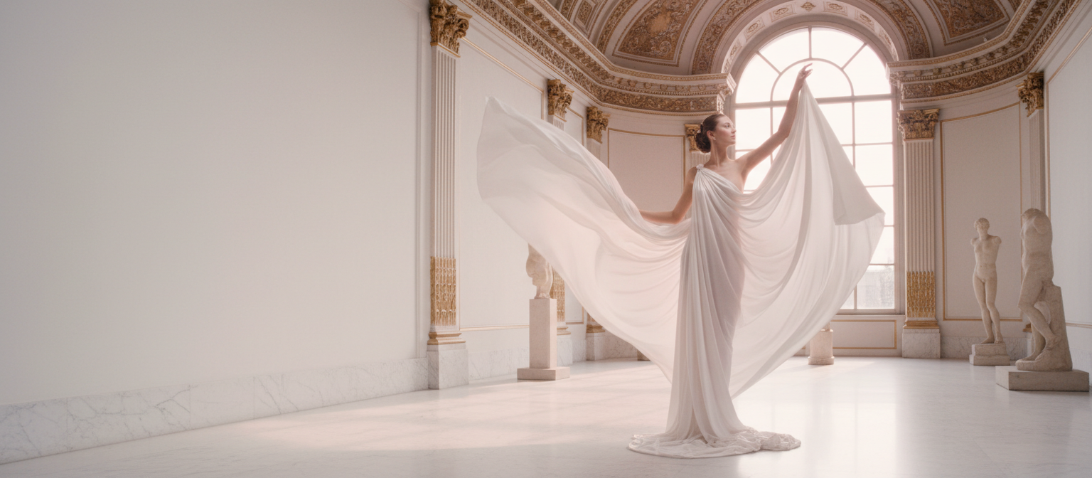 Woman in flowing white silk drapery in a sunlit marble gallery