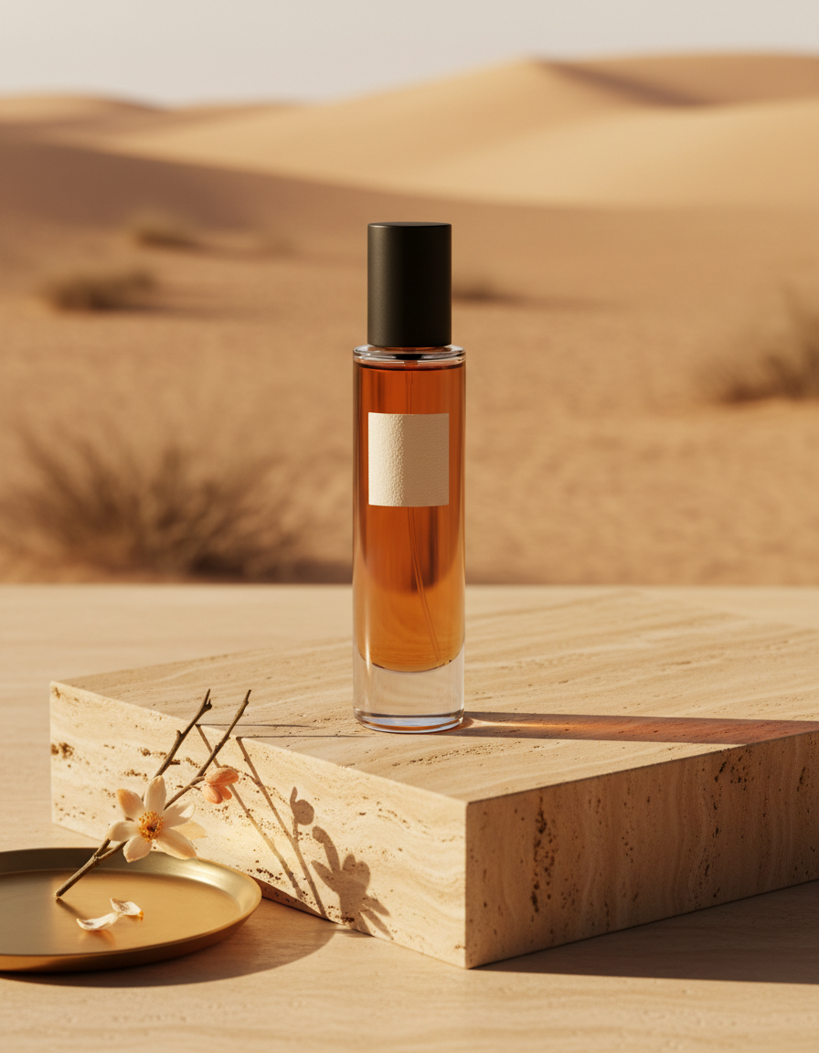 The Desert Palace — smoked amber glass fragrance bottle on a travertine plinth in warm desert light