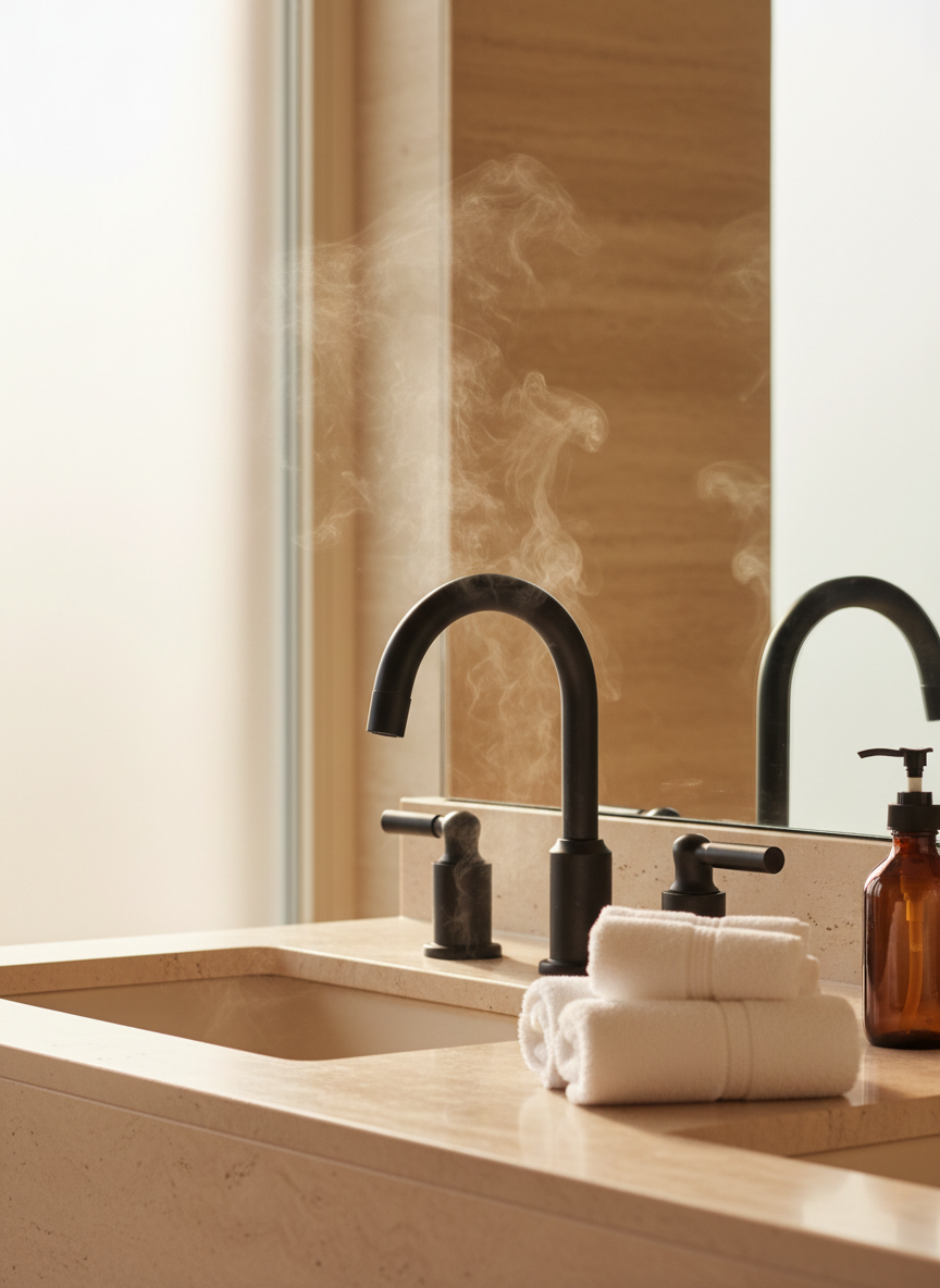 A luxury hotel bathroom detail with honed travertine vanity, matte black tapware and rolled towels