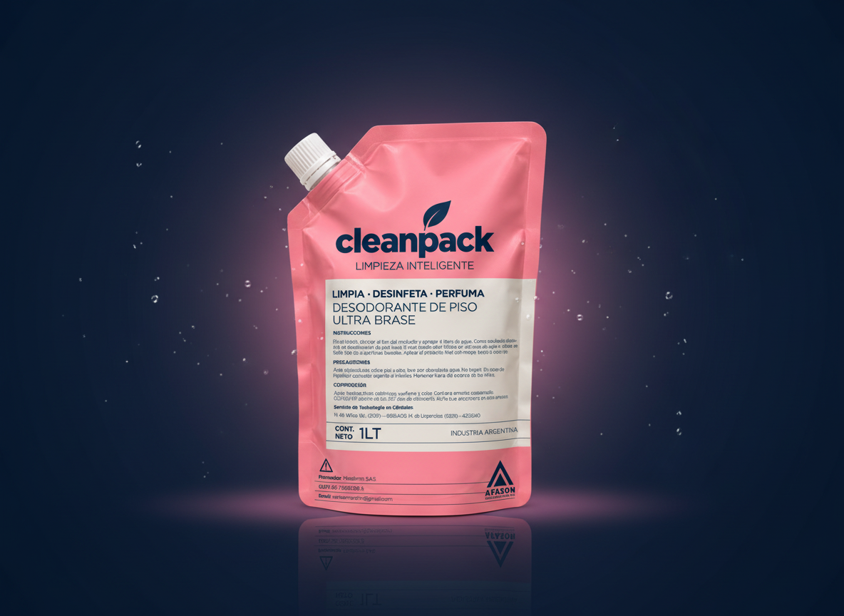 Doypack rosa de CleanPack de 1 litro sobre fondo azul marino
