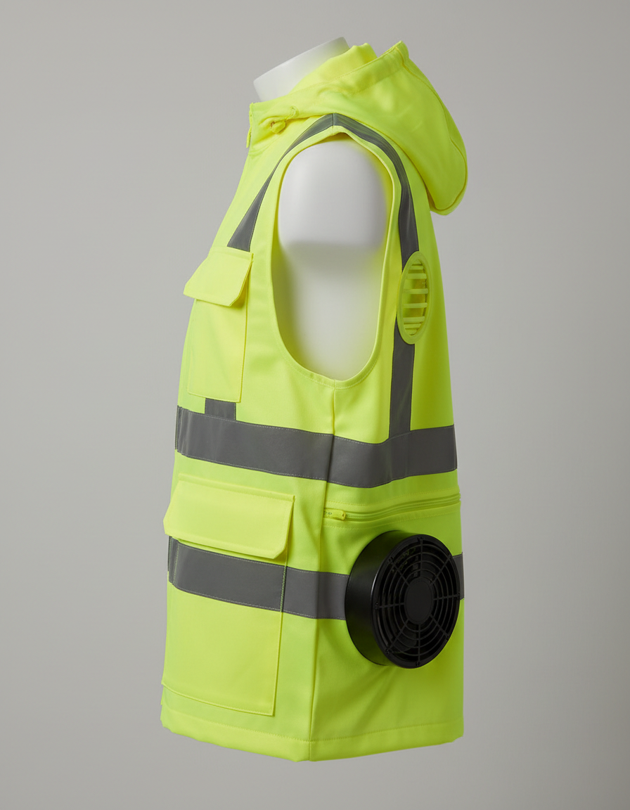 Side of the vest showing the brushless fan unit set into the lower side panel