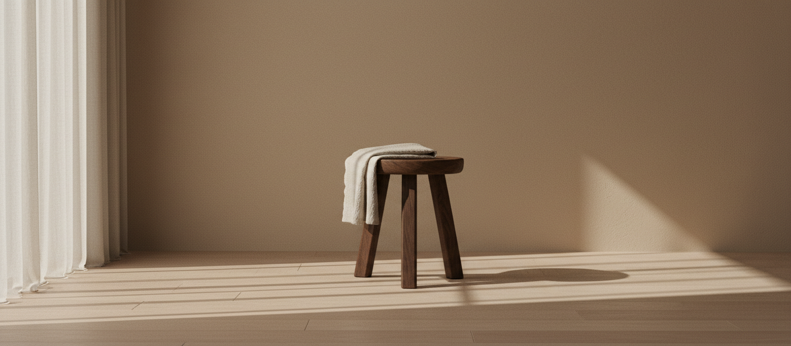 A near-empty room at dawn with a wooden stool, folded linen throw and long soft shadows