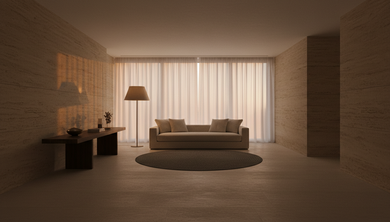 A hotel-inspired living room at dusk with travertine walls, a low linen sofa and a single pool of warm lamplight