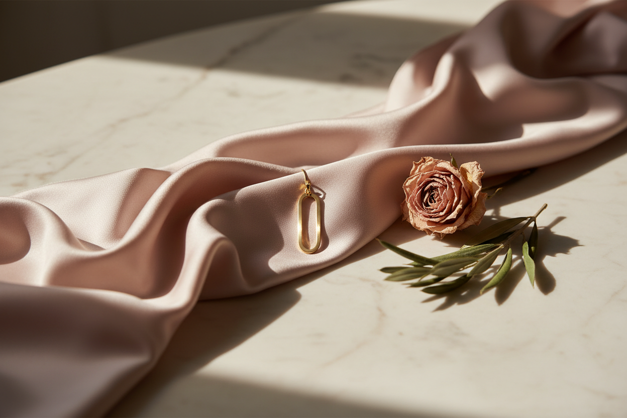 Blush and ivory satin draped on cream marble with a gold medallion pendant and a dried rose