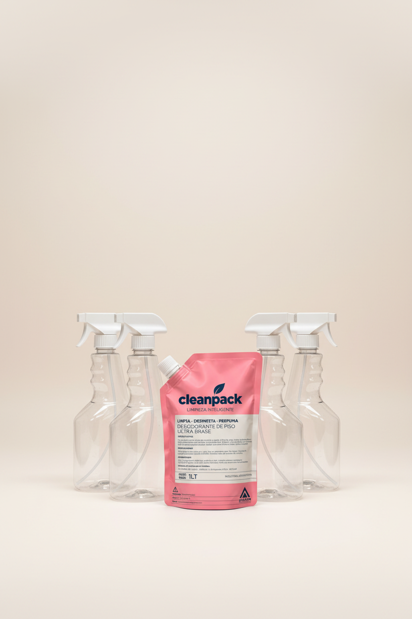 Doypack chato de CleanPack delante de varias botellas pl&aacute;sticas grandes de limpiador