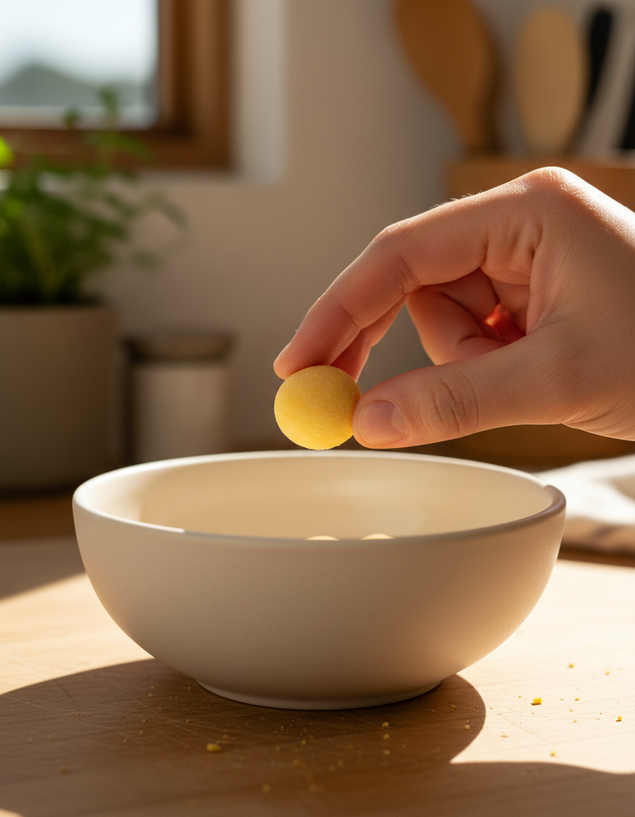 Hand holding a single freeze-dried quail egg above a cream ceramic bowl in a sunlit kitchen