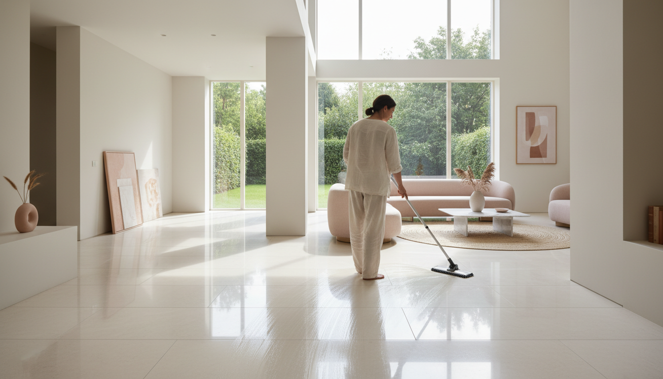 Persona baldeando el piso brillante de un living luminoso