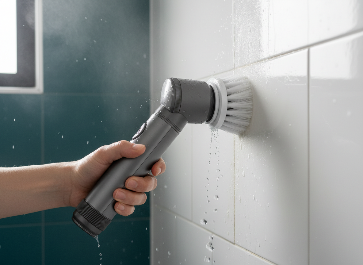 Brosse électrique rotative sans fil utilisée sur les joints d'une douche