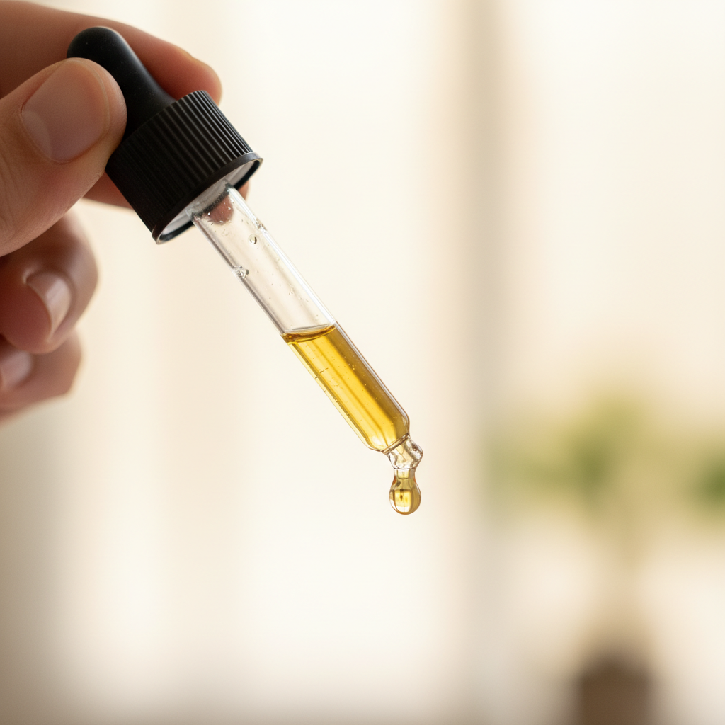 A hand holding the glass dropper with a single golden drop about to fall