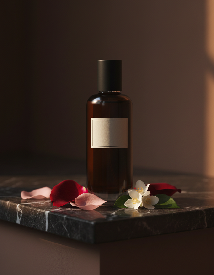 The Crystal Salon — dark amber glass fragrance bottle on polished dark marble with rose and jasmine
