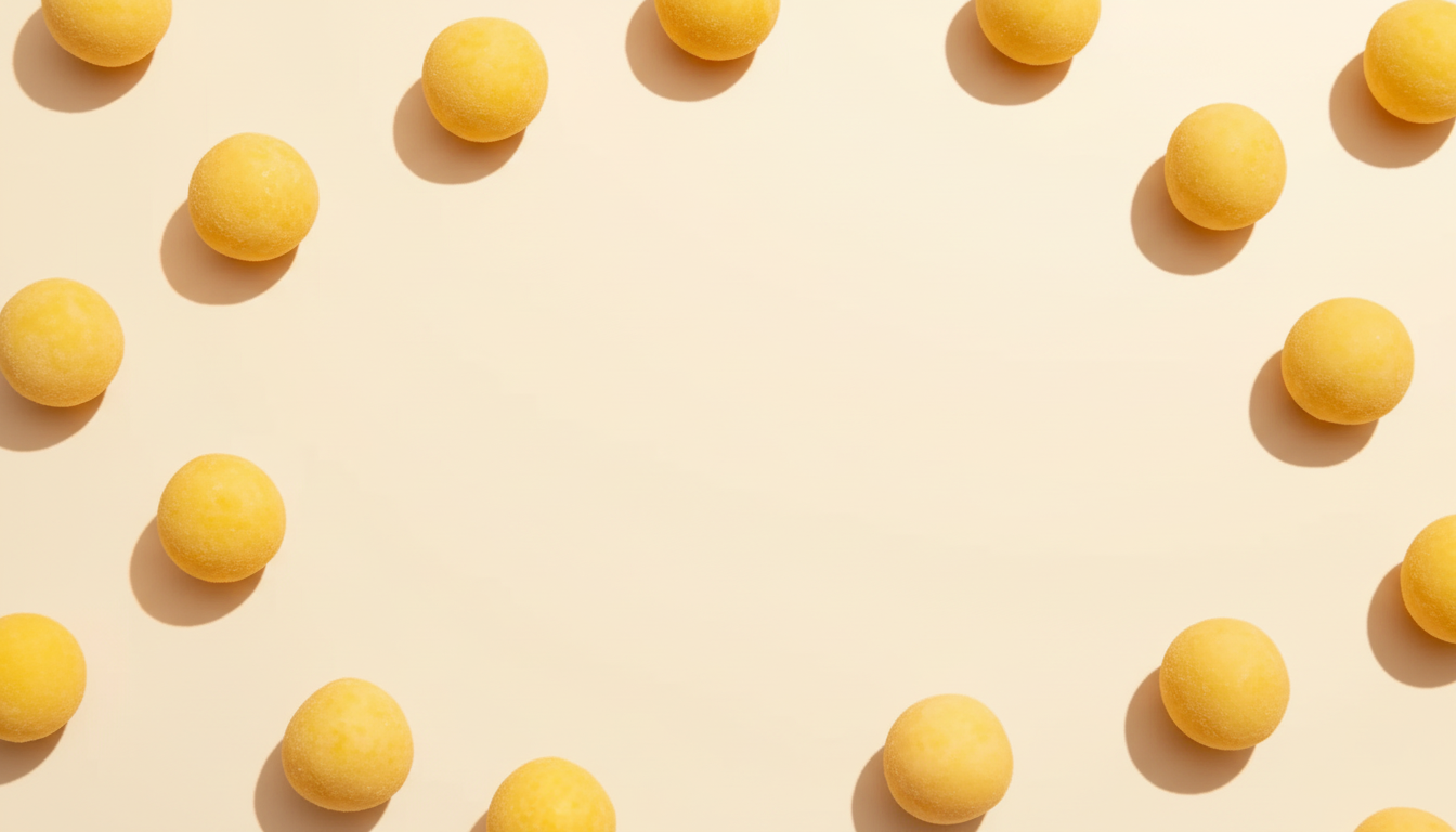 Freeze-dried quail eggs scattered across a soft cream backdrop with sculptural shadows