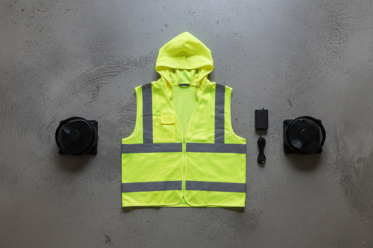 The full kit laid out: vest, two fan units, battery pack and charging cable