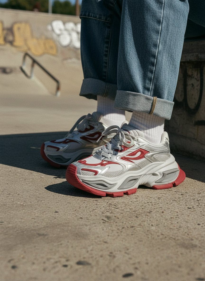 Sneakers plateforme chunky sur un rebord de skatepark