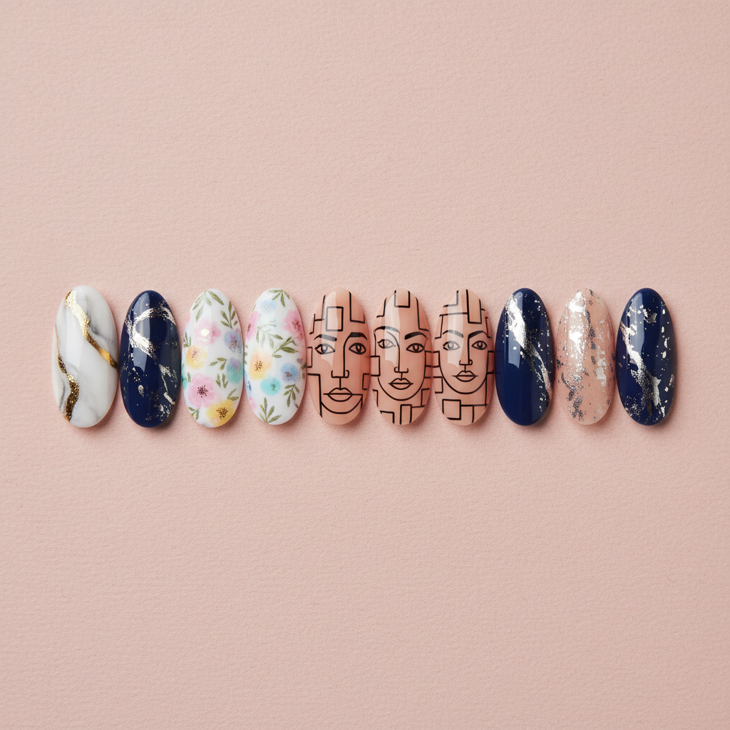 Flat lay of twelve printed nail tips showing different luxury nail art designs