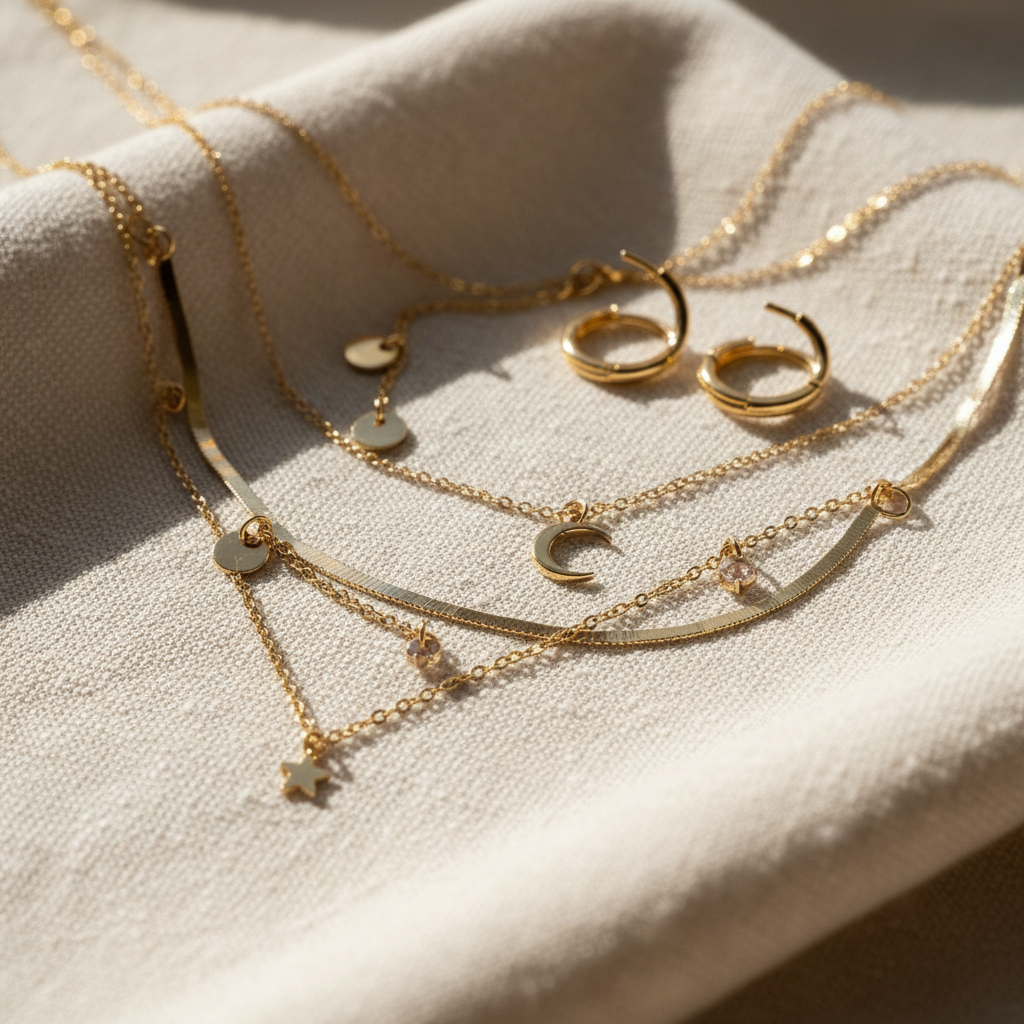 Delicate layered gold chain necklaces and small hoop earrings on cream linen