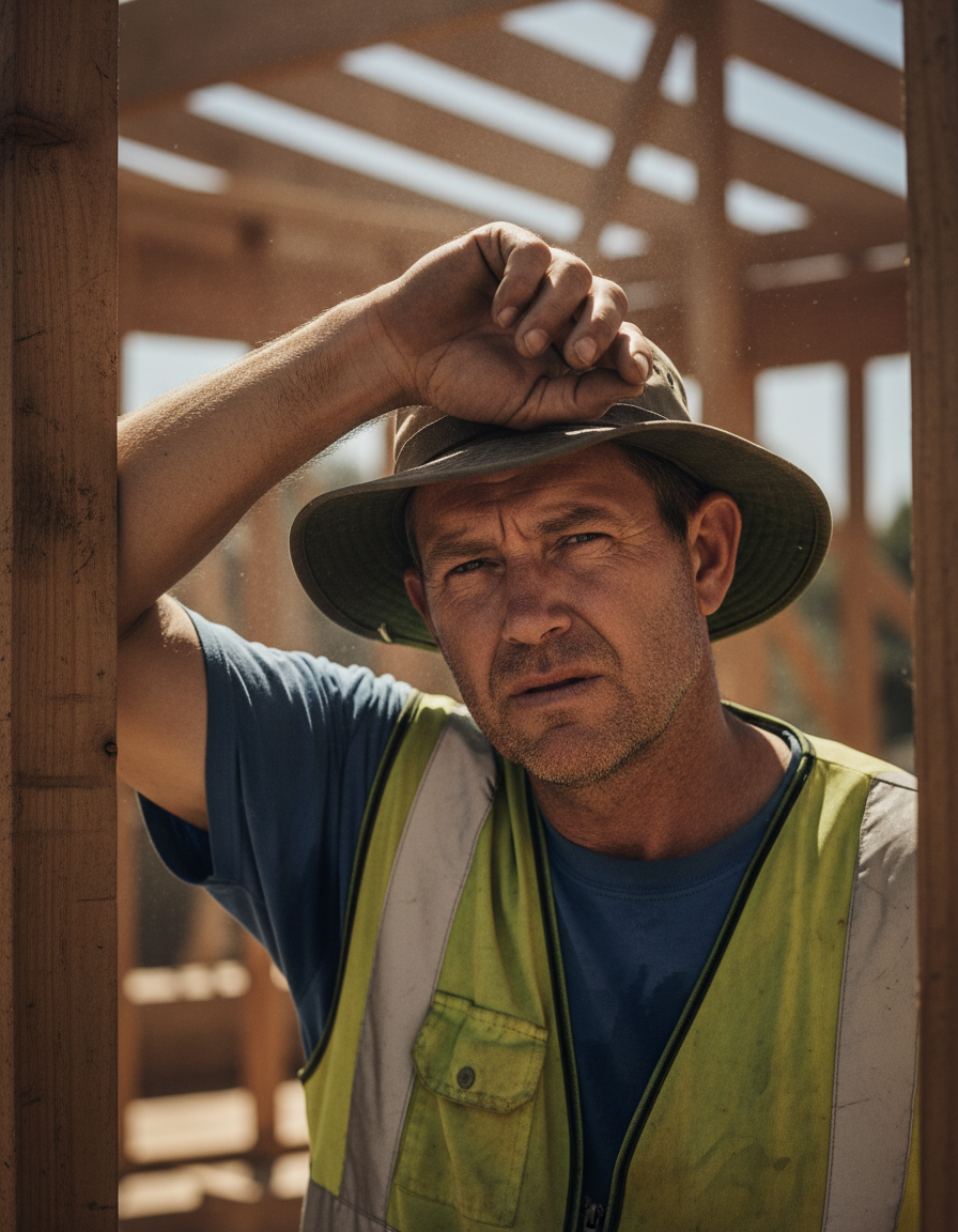 Tradesman wiping sweat from his brow against a timber house frame in harsh sun