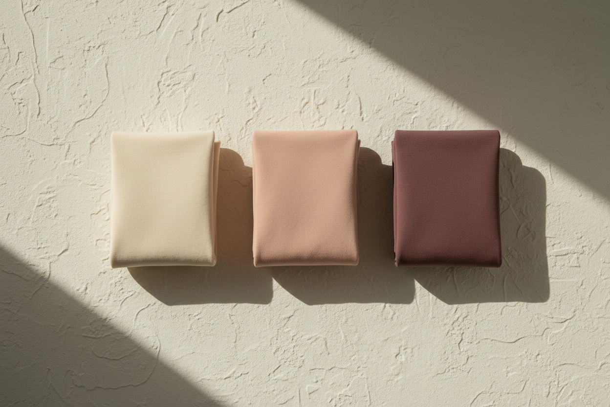 Three folded compression garments stacked in graduating ivory, blush and mauve tones