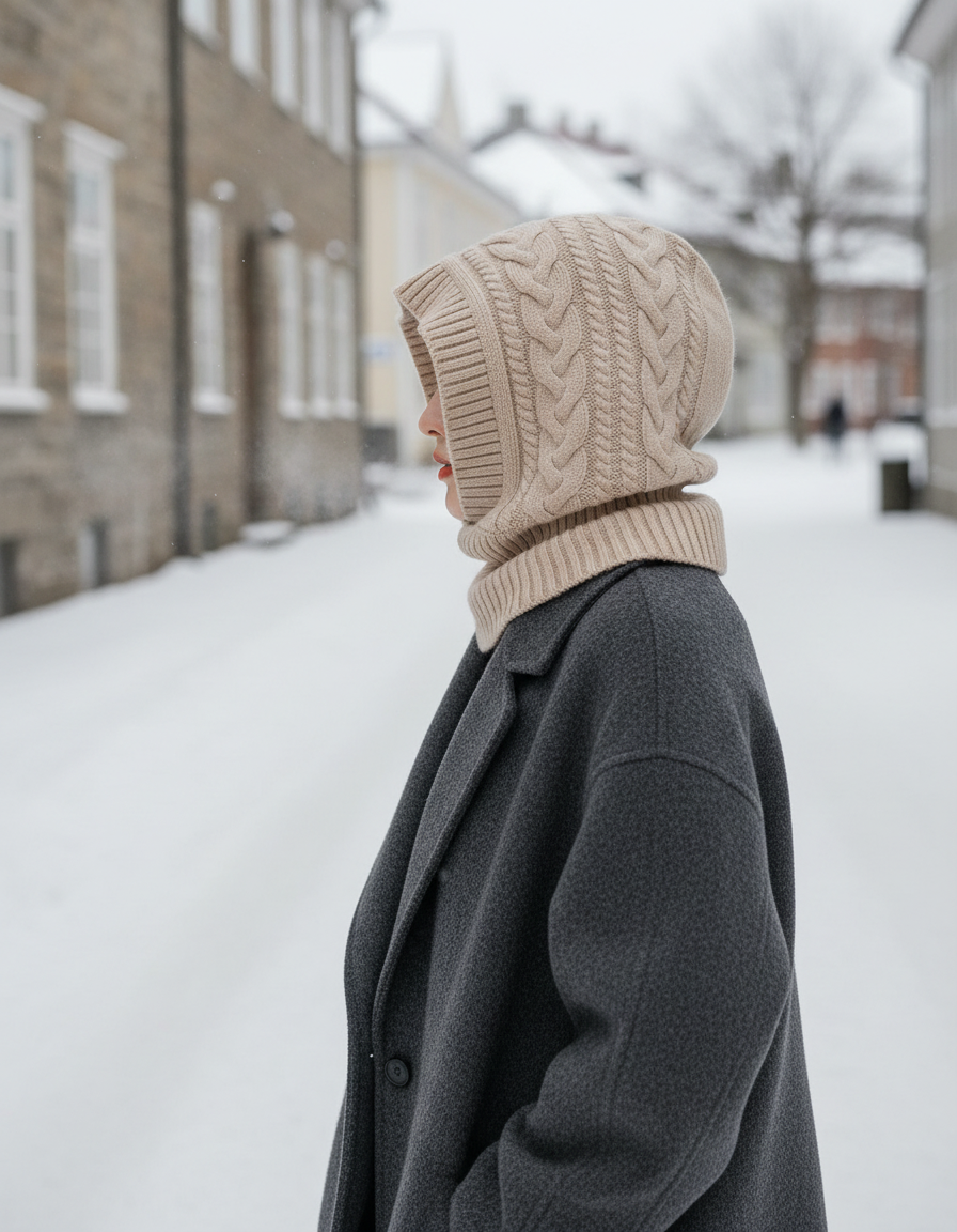 Person wearing the beige knitted hood scarf on a snowy street