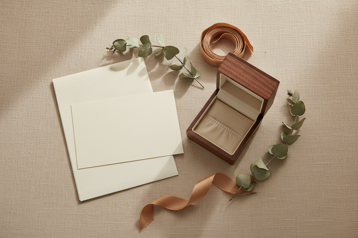 An open keepsake jewelry box beside tissue paper, a message card and dried eucalyptus