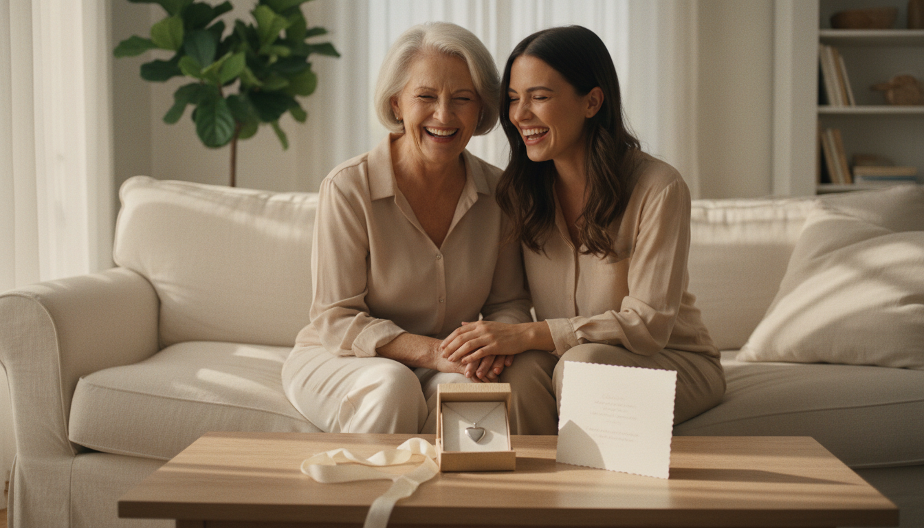 A mother and her adult daughter laughing together over an opened keepsake gift box