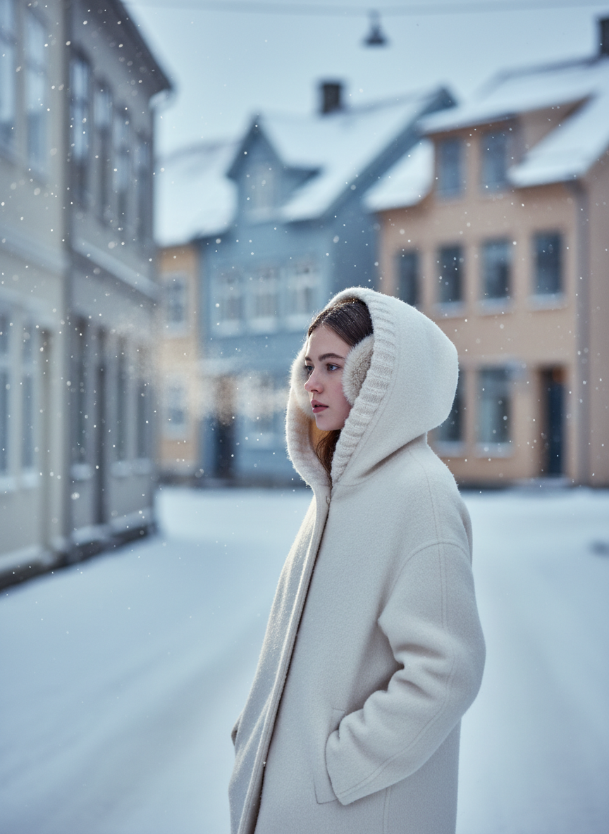 Woman in a cream wool coat and faux fur earmuffs on a snowy Nordic street