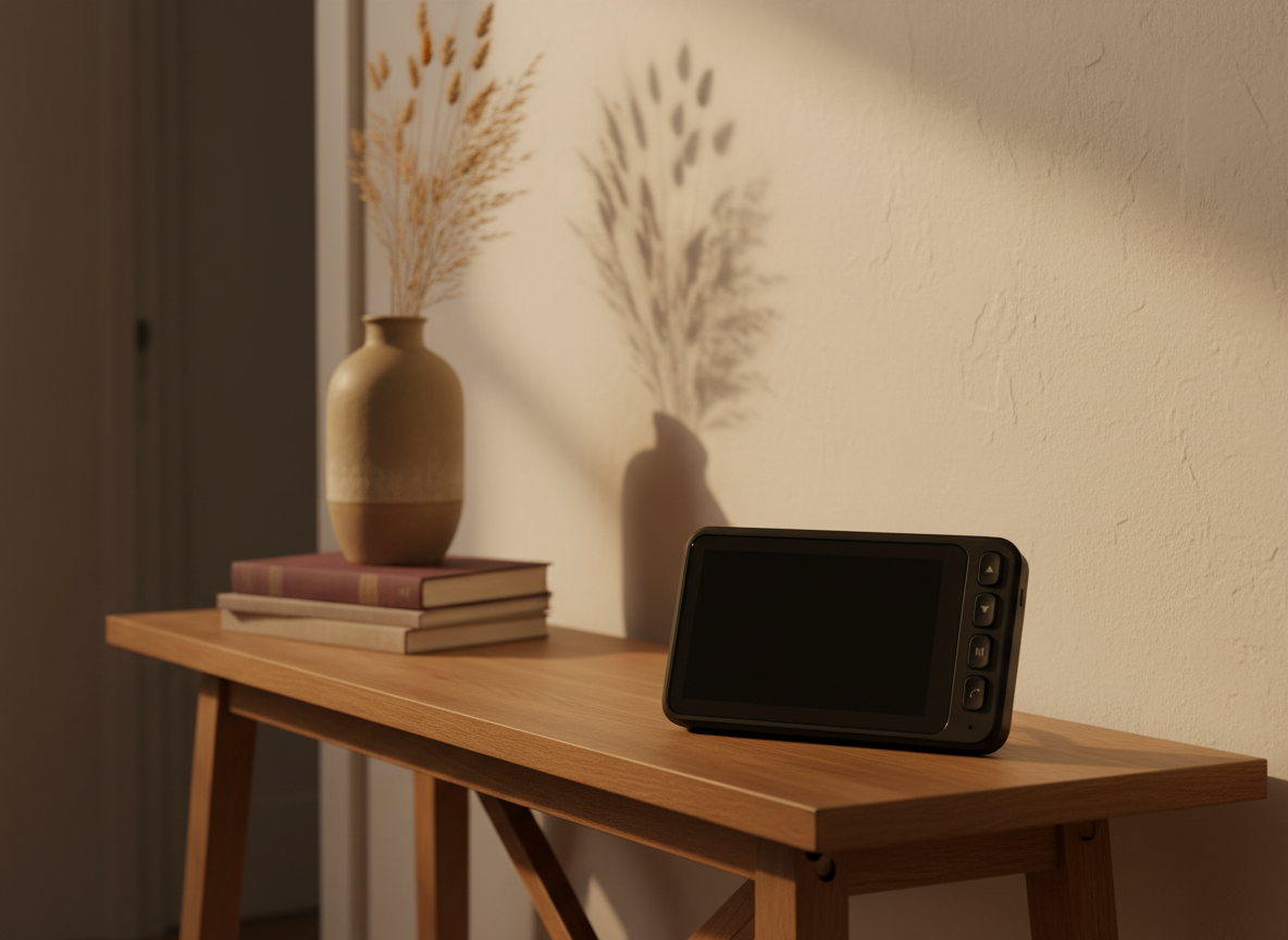 Indoor video display resting on a warm oak console table in a softly lit hallway