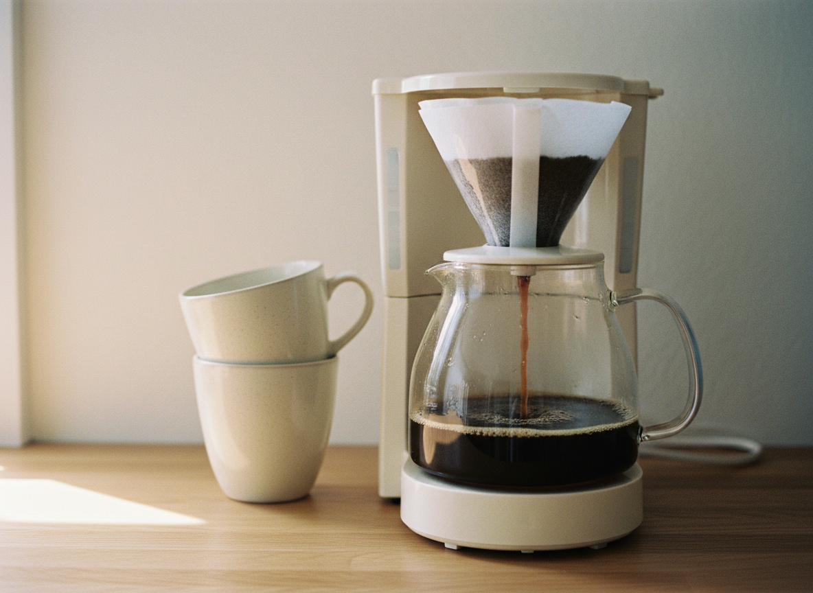 A drip coffee maker's glass carafe filling on a kitchen counter