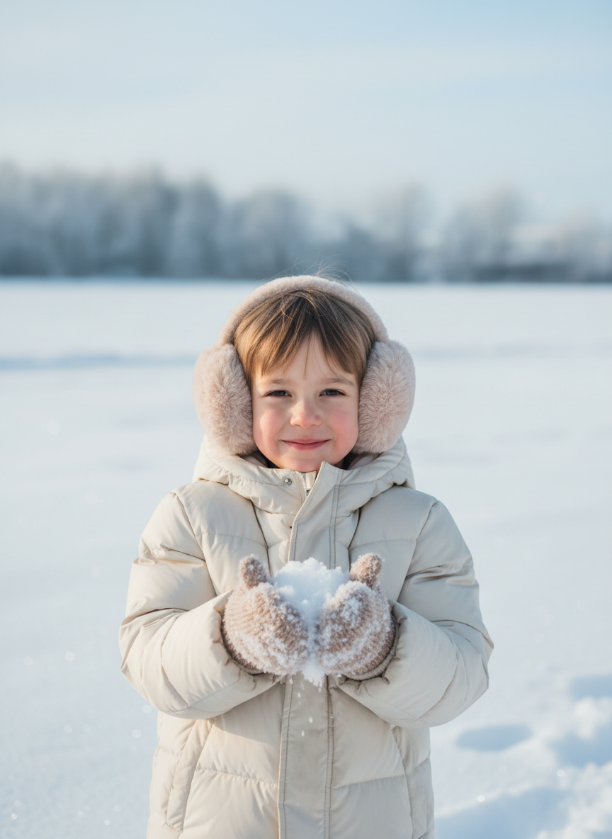 Child in a cream coat and plush earmuffs playing in fresh snow