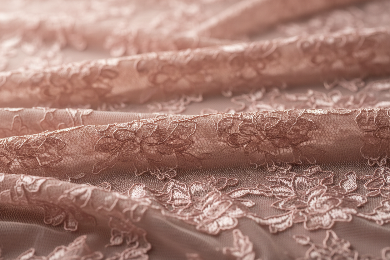 Close-up of blush pink floral lace lingerie fabric