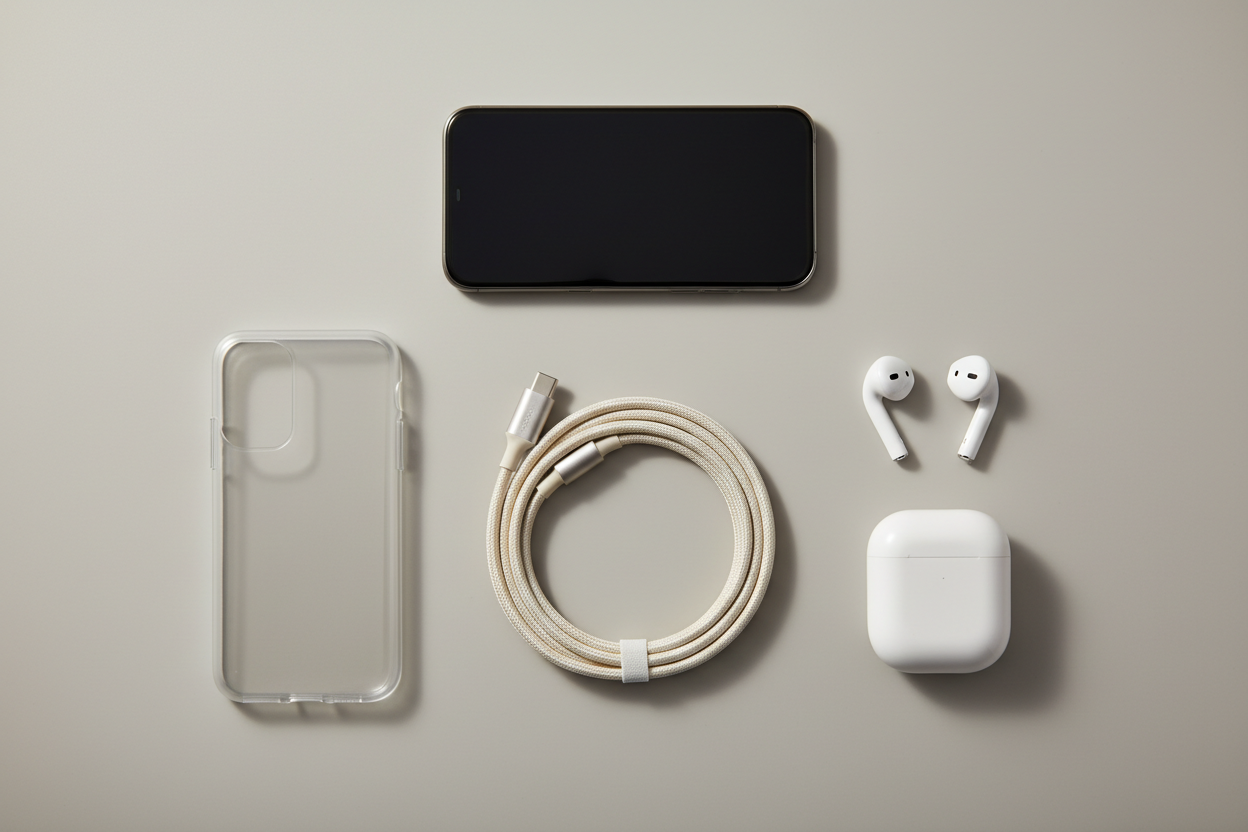 iPhone junto a cable de carga, case transparente y audífonos sobre una superficie clara