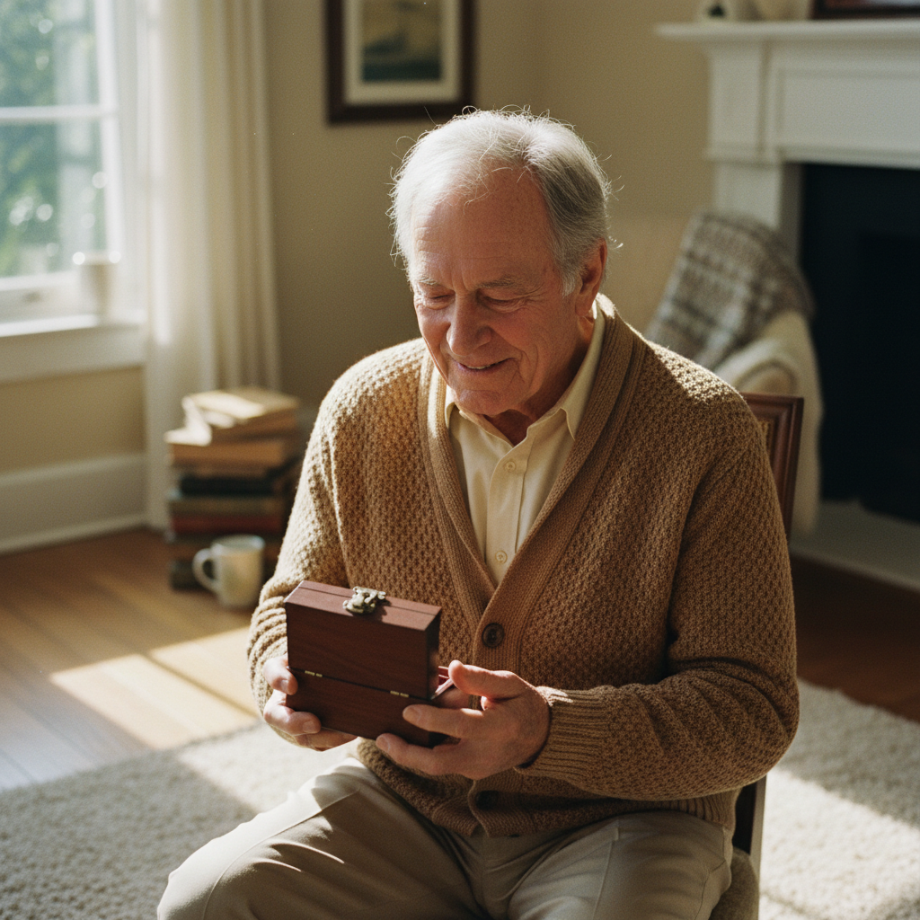 A grandfather smiling at a keepsake gift box in his hands