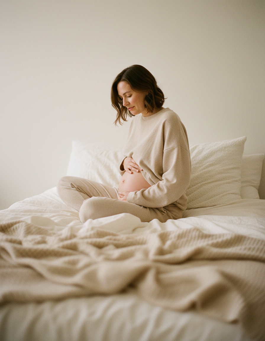 Woman a few weeks postpartum sitting on the edge of her bed in soft loungewear with one hand resting on her lower abdomen