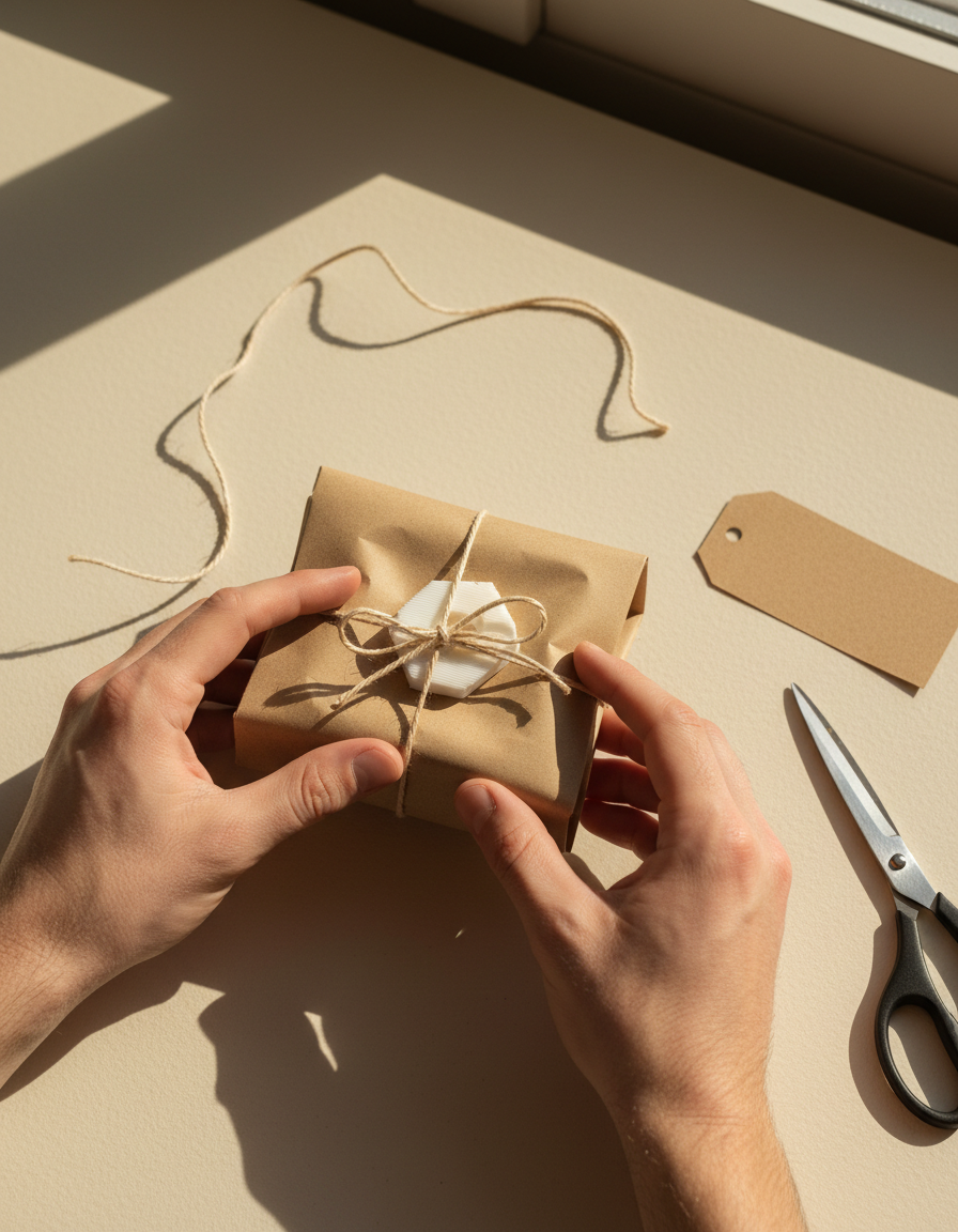 Zwei Hände wickeln ein kleines Objekt in Packpapier und binden es mit Kordel zu